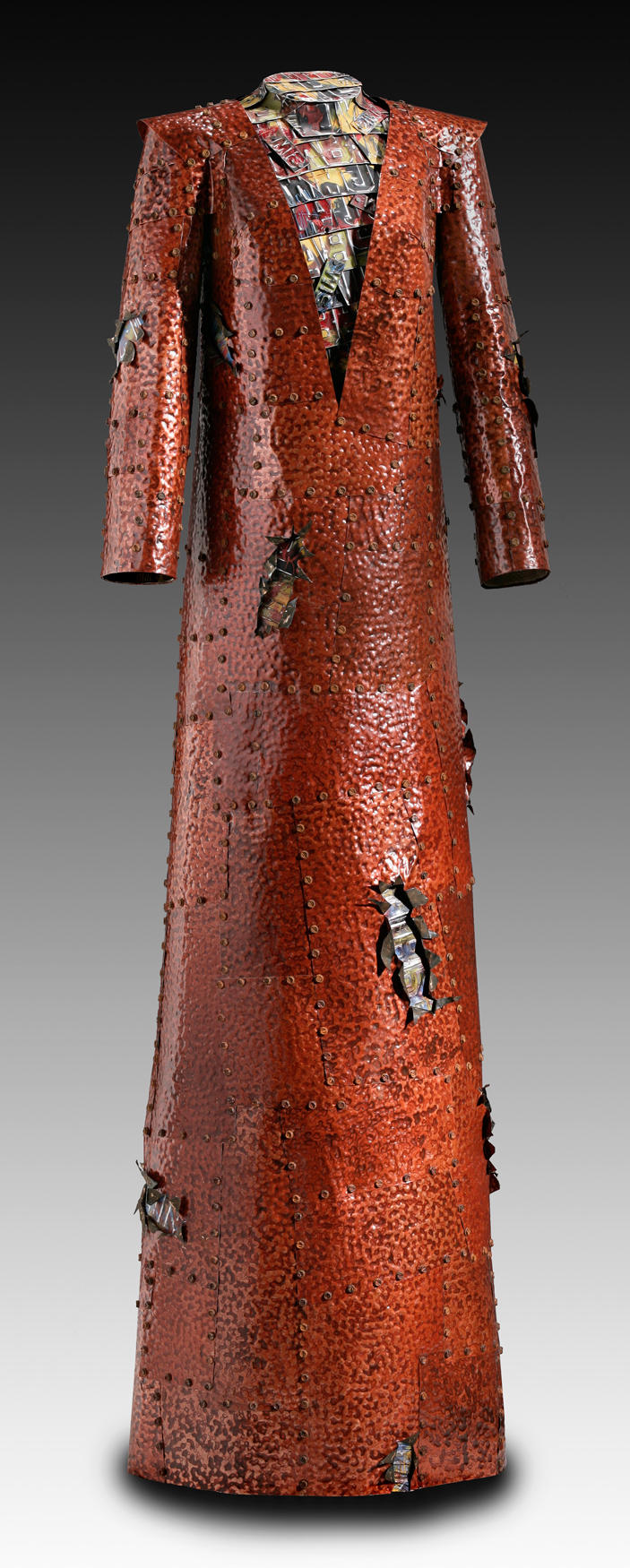 "Garment" - 
72" tall - Bronze Patina on Embossed Tin, Graffiti Painted License Plates